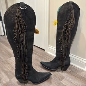 Corral Boots Fringe Tall Snip Toe Black Suede Western Cowboy Boots Z5414